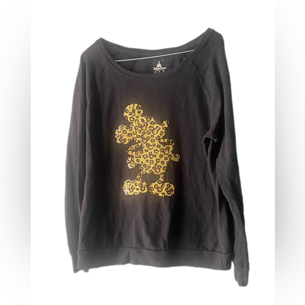 Disney Mickey  Women’s Sz L Black Metallic Swirl Sequin TShirt Longsleeve